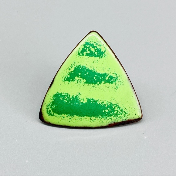 Vintage Enamel Copper Triangle Pin One of a Kind Green Lime & Kelly - Picture 9 of 9